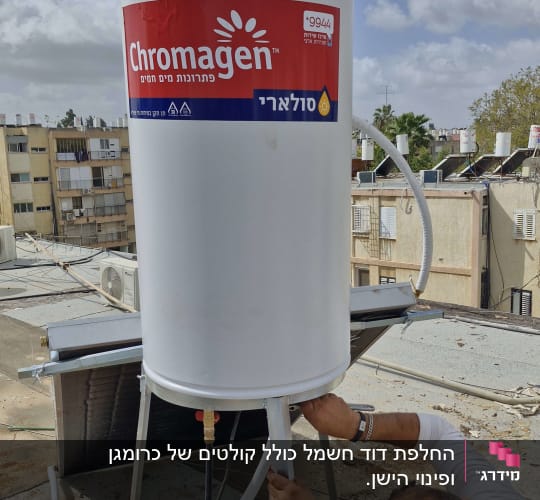 דוד שמש מותקן על גג עם אדם עובד
